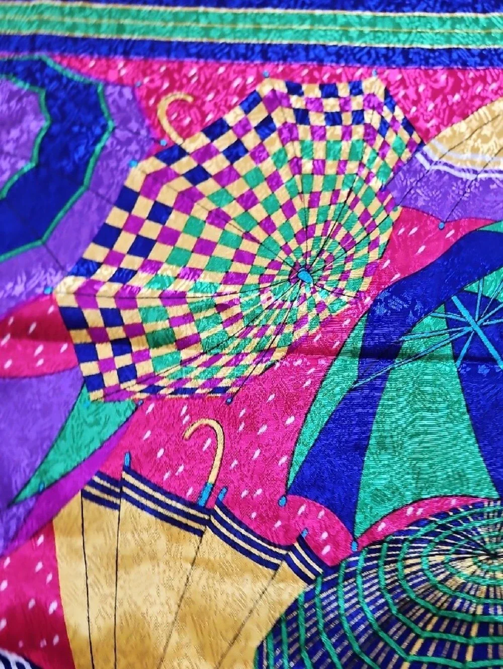 Vibrant Umbrella Print Silk-Feel Scarf - Pink, Purple & Green